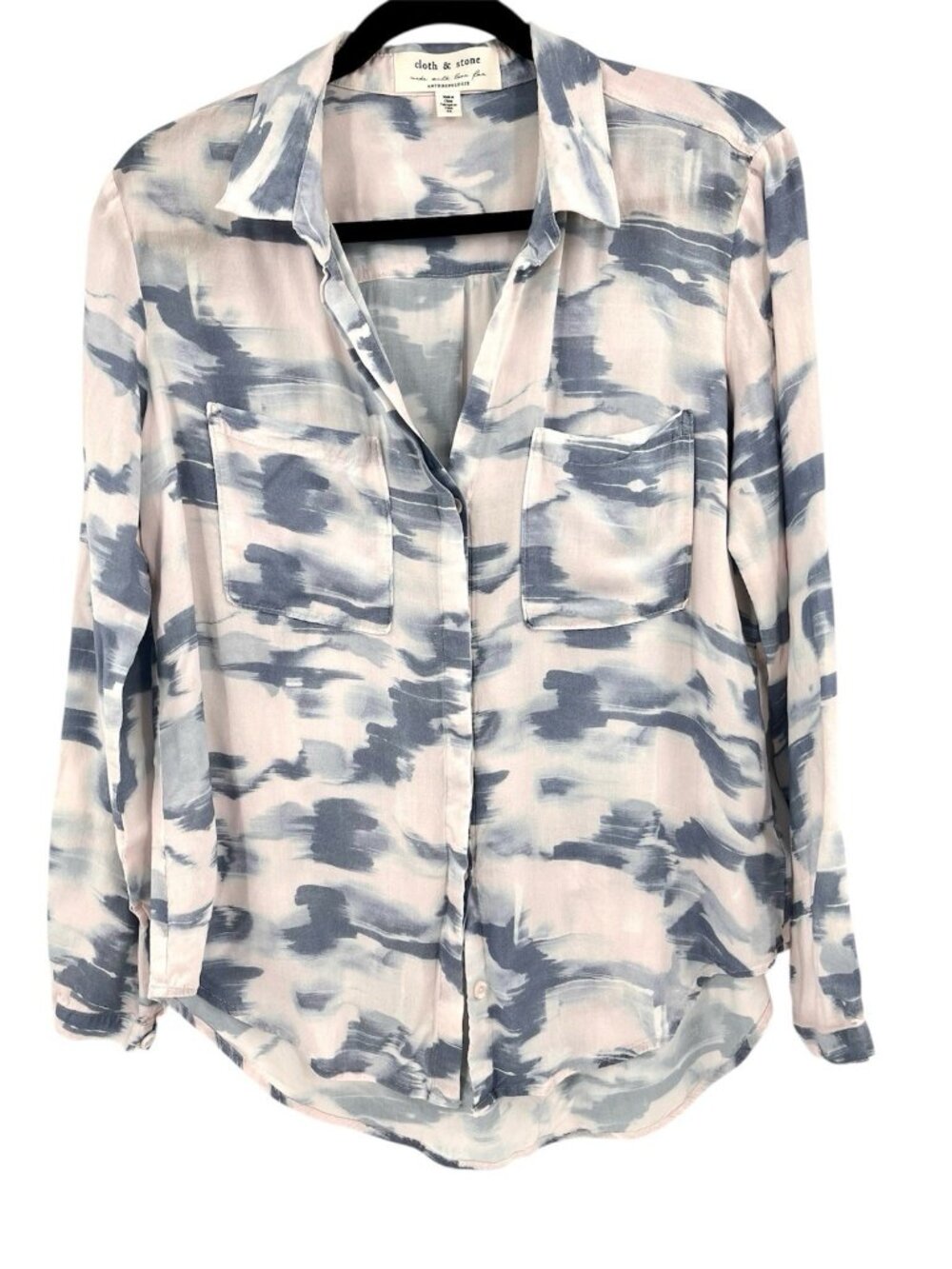 CLOTH & STONE ANTHROPOLOGIE Women's White Blue Strokes Button Down Blouse Medium